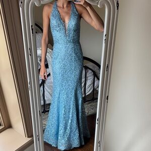 Ellie Wilde Sky Blue Lace Prom Dress